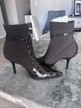 Donald J. Pliner Brown Croc-Patent Pointed Toe Stiletto Ankle Boots